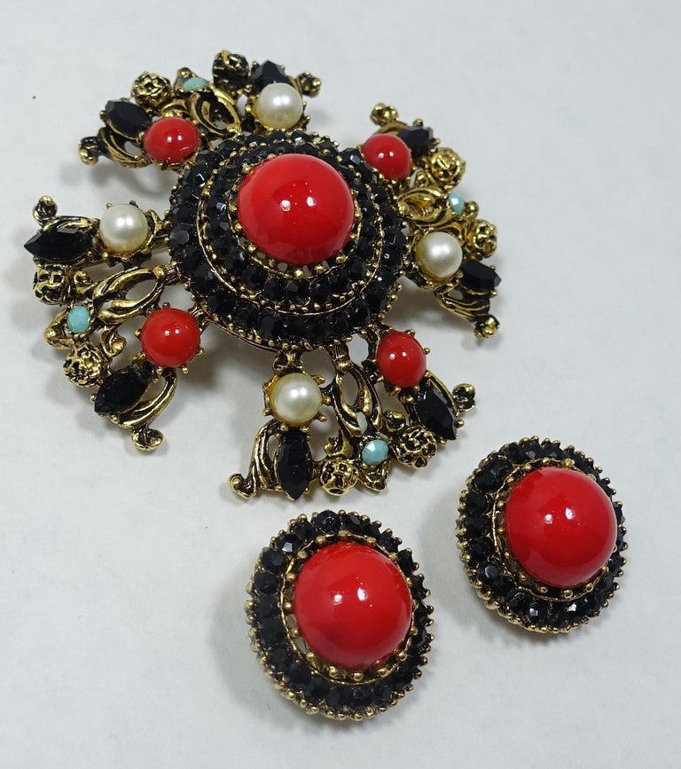 Vintage Signed Karu Arke Red Cabochons Faux Pearls Brooch Pendant Earrings