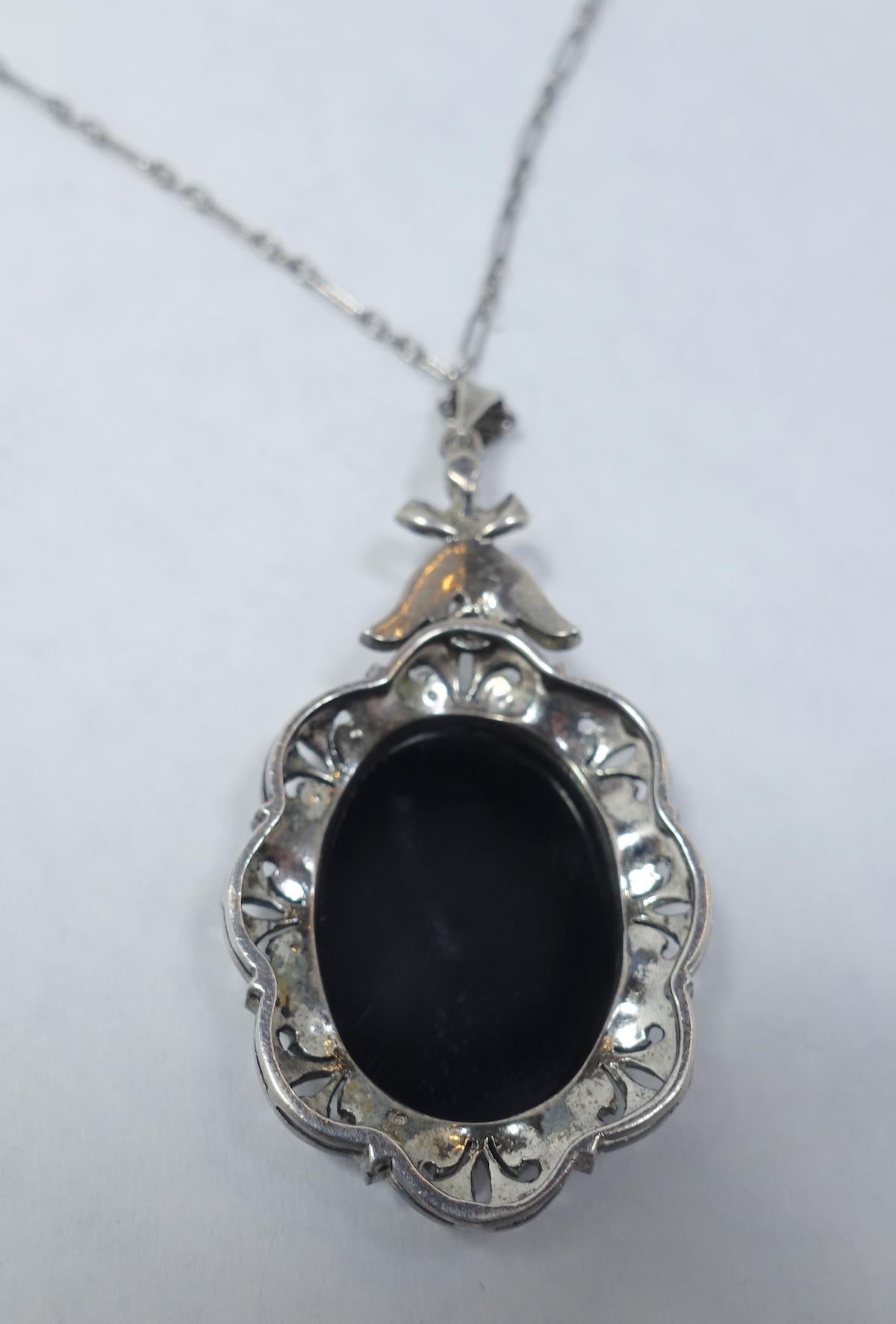 Vintage Deco Onyx, Marcasites & Sterling Silver Pendant Necklace For Sale 1