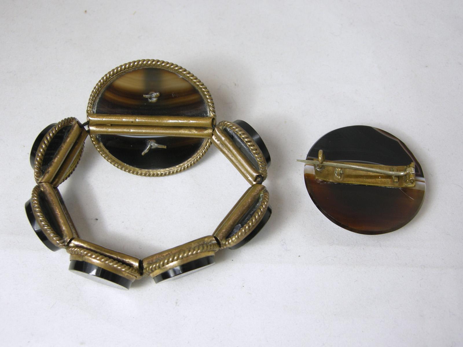 Women's or Men's Vintage Victorian Rare Scottish Banded Agate Bracelet & Pin Set