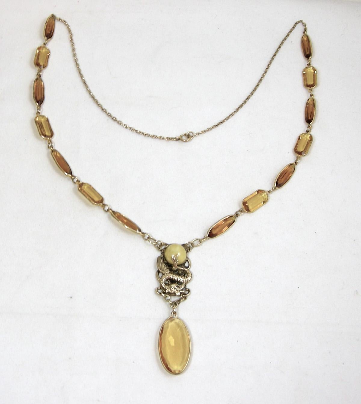 Vintage Czech 30s Faux Citrine Dragon Necklace In Excellent Condition In New York, NY