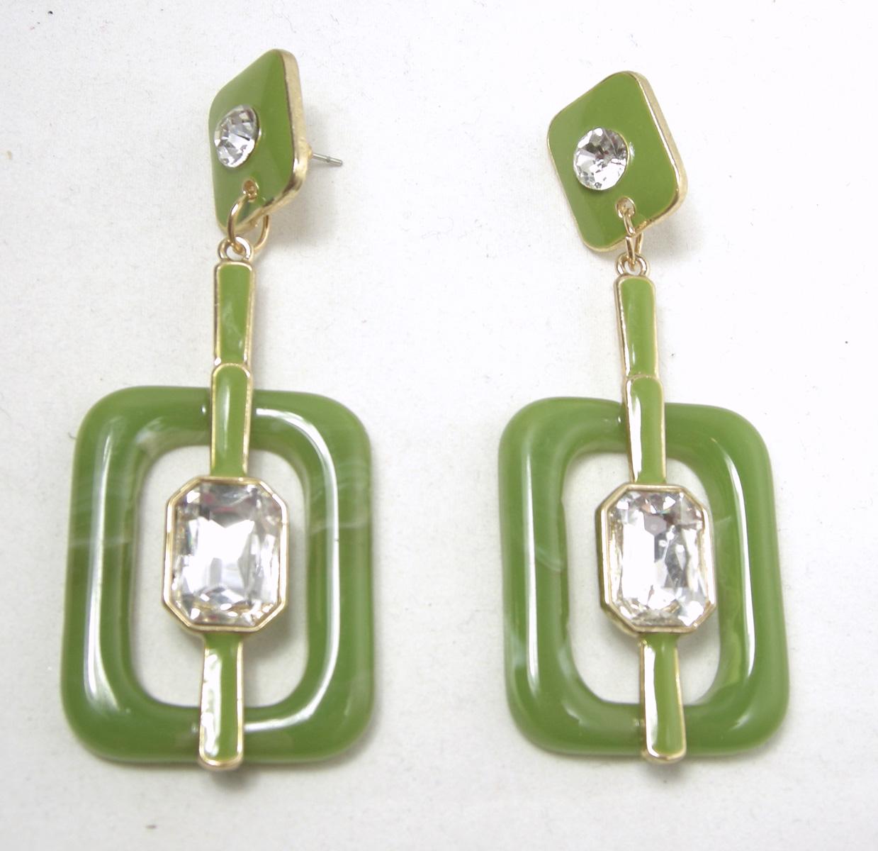 These beautiful vintage Feng Shui faux jade pierced earrings have the Art Deco Asian motif.  The square faux jade top has a round rhinestone center that leads down to a rectangular opening that has a bar in the center with a large rhinestone center.