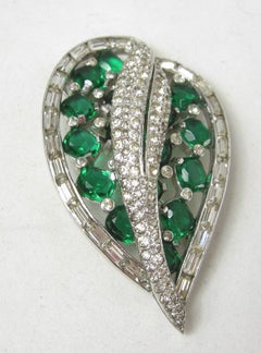 Vintage Signed Jomaz Faux Emerald Leaf Pin & Earrings Set