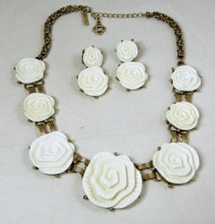 Signed Oscar de la Renta White Camellia Runway Necklace & Earrings Set