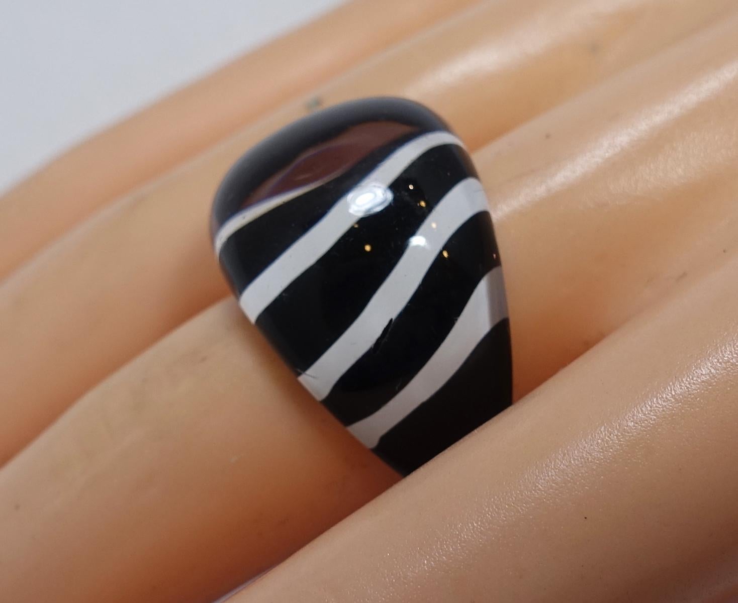 This vintage 1960s are back in fashion.  This Lucite ring features a black & white stripe design and is a size 8 and measures 3/4” wide.  It ‘s in excellent condition.