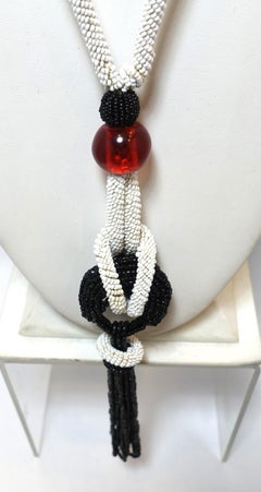 Vintage Flapper 1920s Black, White & Red Beaded Tassel Necklace