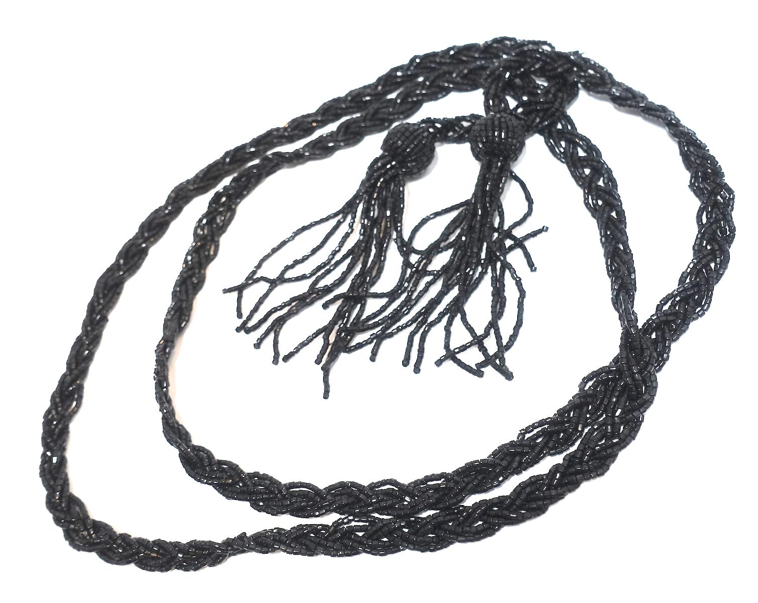 Vintage Art Deco 1920s Black Bead Torsade Tassels Necklace In Excellent Condition For Sale In New York, NY