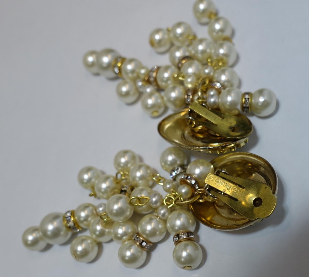 Vintage Signed DeMario Faux Pearl Drop Earrings For Sale 1