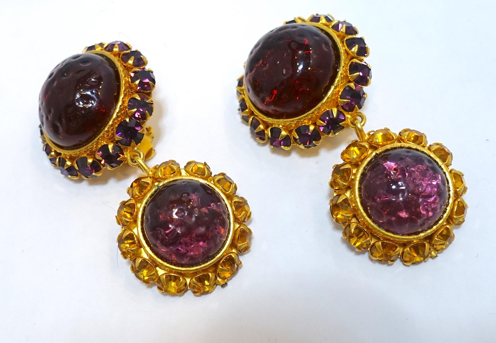 Vintage Signed Dominique Aurientis Cranberry & Amethyst Gripoix Glass & Crystals In Good Condition For Sale In New York, NY