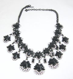 Oscar de la Renta Black Teardrop Rhinestone Bib Necklace