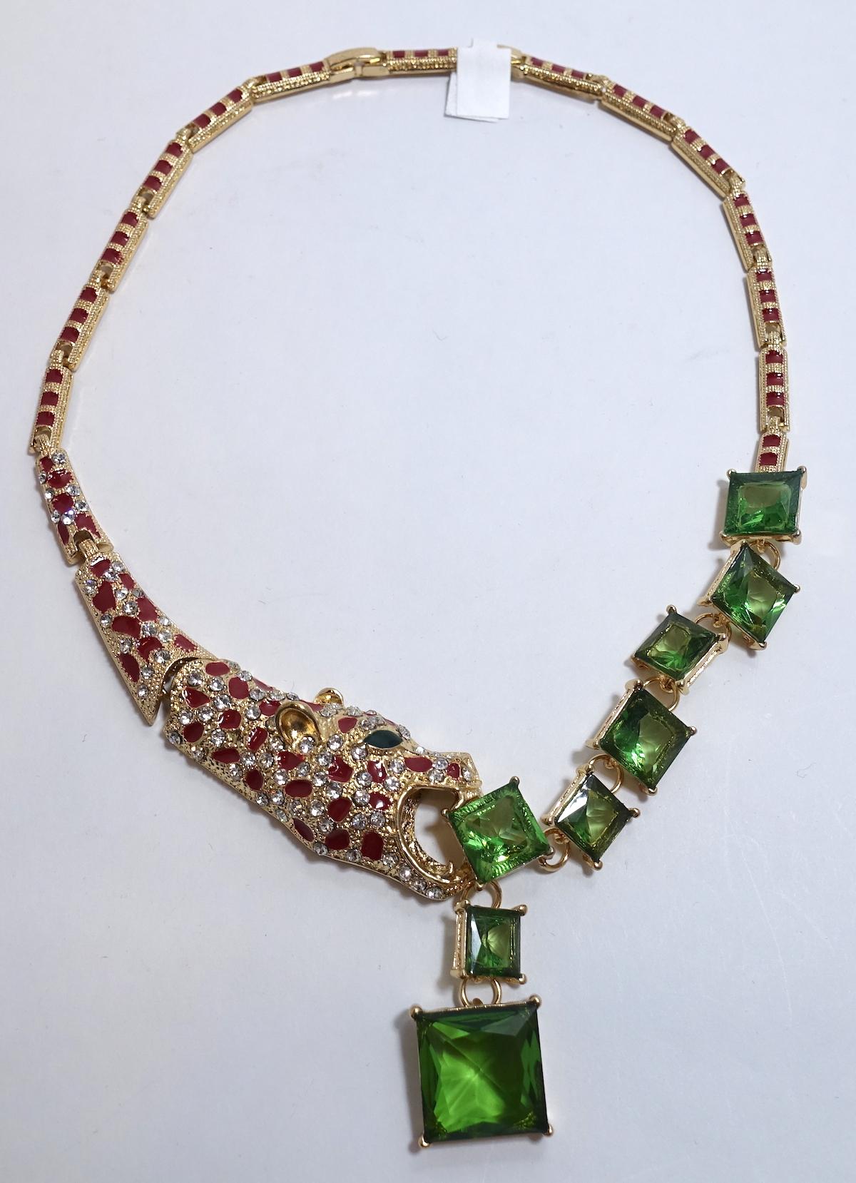 Unusual Leopard with Green, Red & Clear Crystals Necklace In Excellent Condition In New York, NY