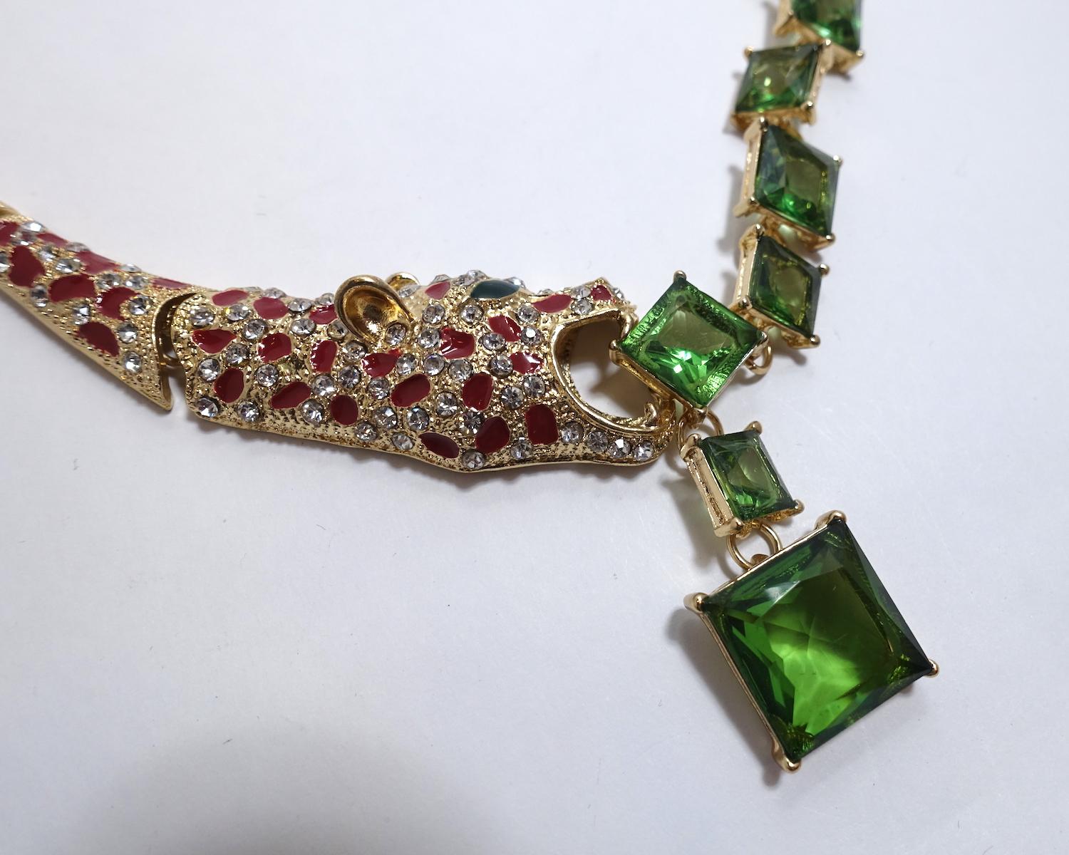 Women's or Men's Unusual Leopard with Green, Red & Clear Crystals Necklace