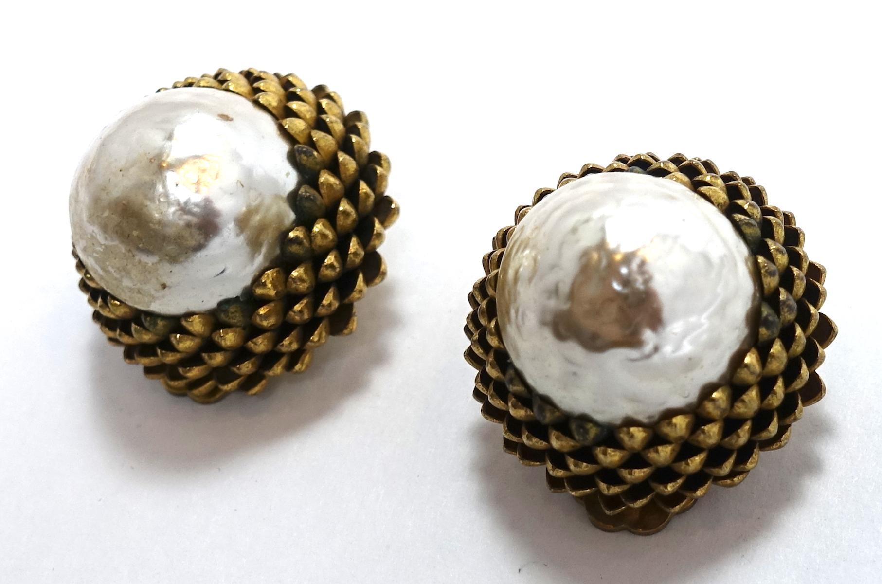 Vintage Famous Large Miriam Haskell Faux Pearl Acorn Earrings In Good Condition In New York, NY