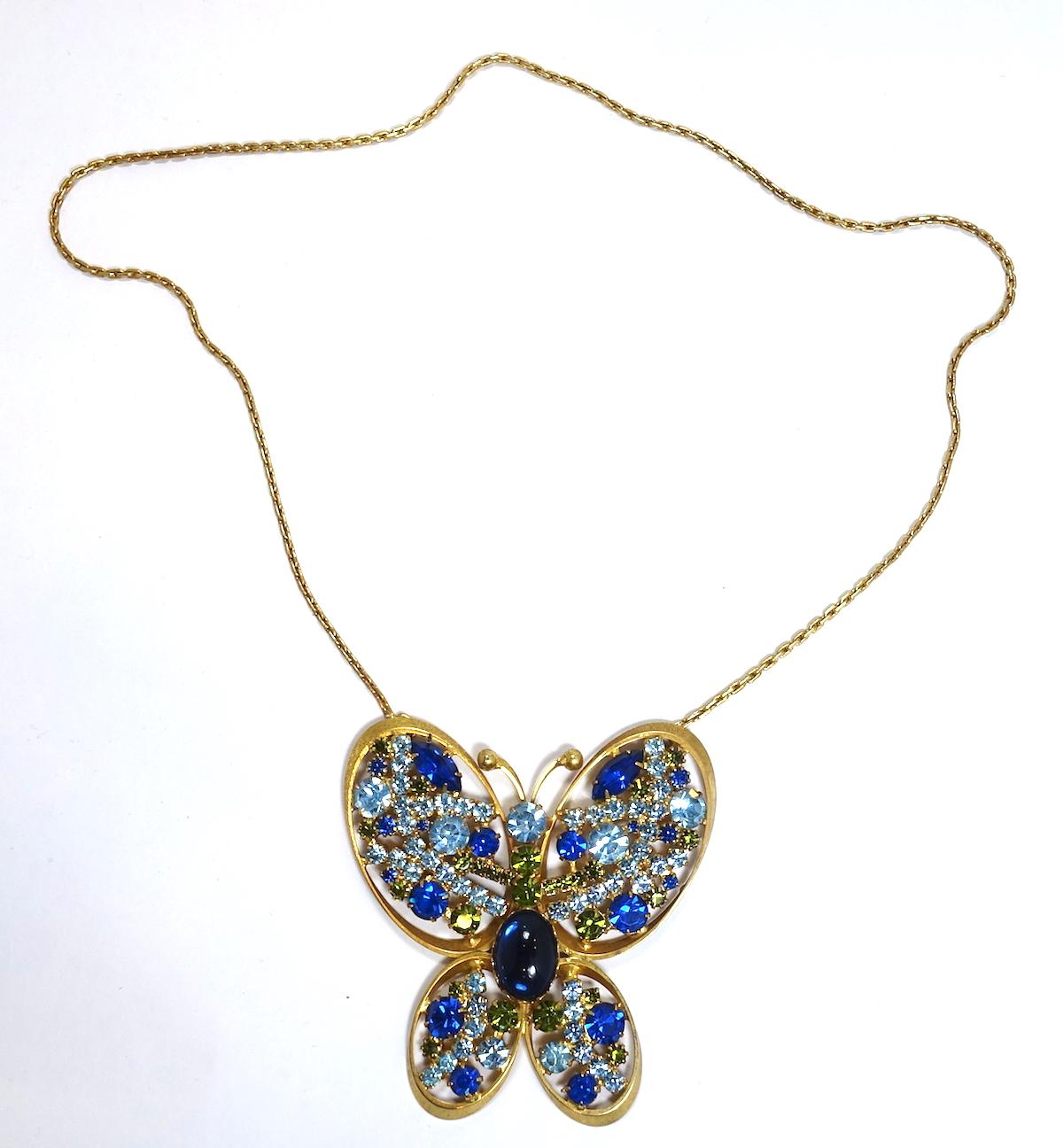 Vintage Large Butterfly With Blue Crystals Necklace In Good Condition For Sale In New York, NY
