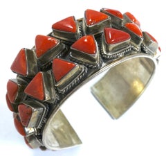 Vintage Early Zuni Pawn American Indian Blood Coral & Sterling Cuff Bracelet