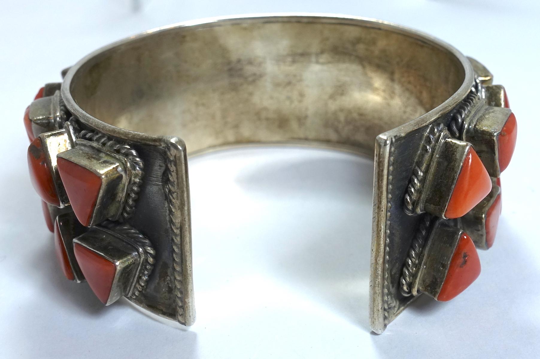 Vintage Early Zuni Pawn American Indian Blood Coral & Sterling Cuff Bracelet For Sale 2
