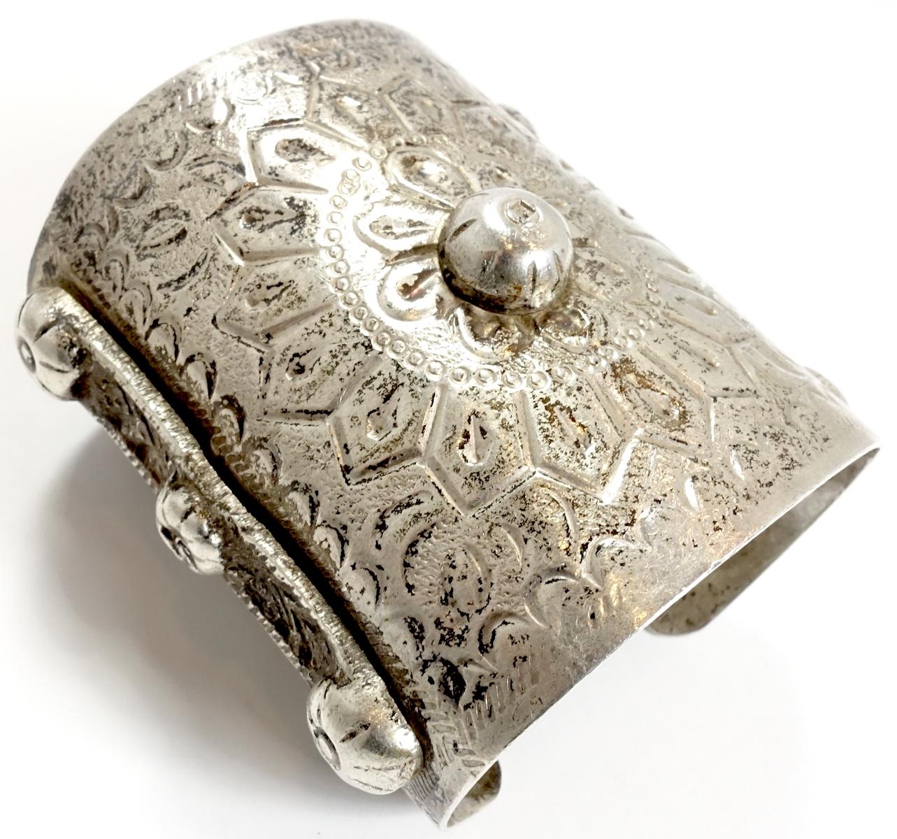 The collector who sold me this piece said she thinks her mom bought it here in the USA.  This wide handmade vintage cuff Sterling Silver bracelet is heavily carved and weighs 5-1/2 oz and is a sight to behold.  This piece measures 7” around the