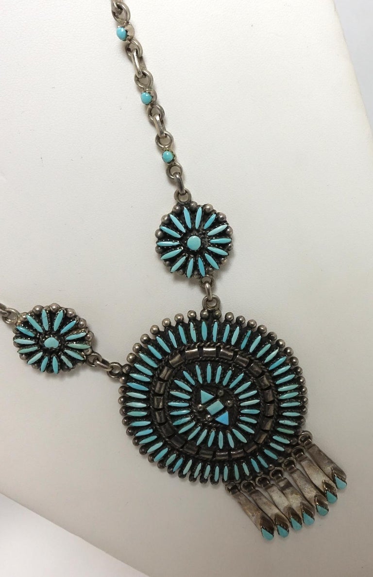 Vintage Zuni American Indian Needlepoint Turquoise and Sterling Pendant