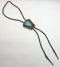 Vintage Pawn Navajo American Indian Turquoise & Coral Bola Neckpiece