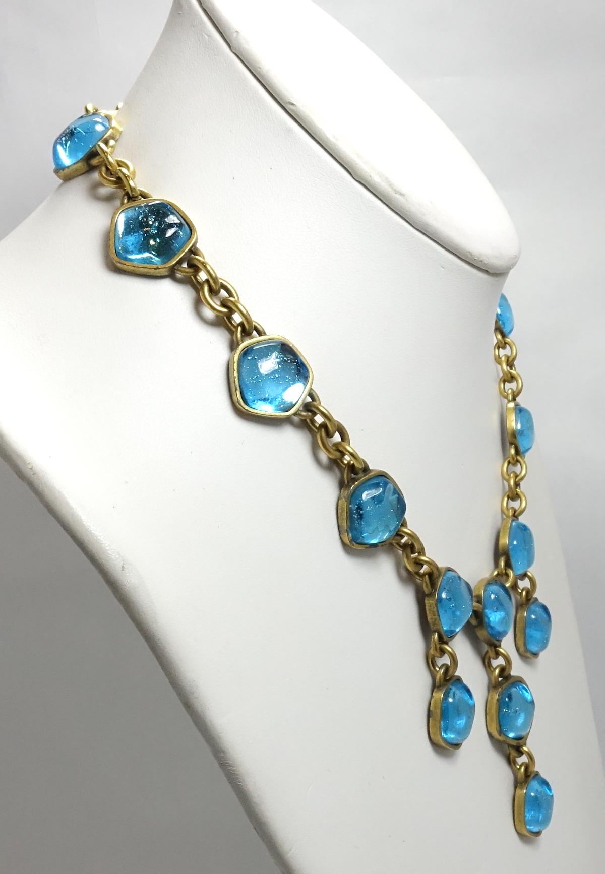 Vintage Signed Yves St. Laurent YSL Aqua Blue Poured Glass Drops Necklace In Good Condition In New York, NY