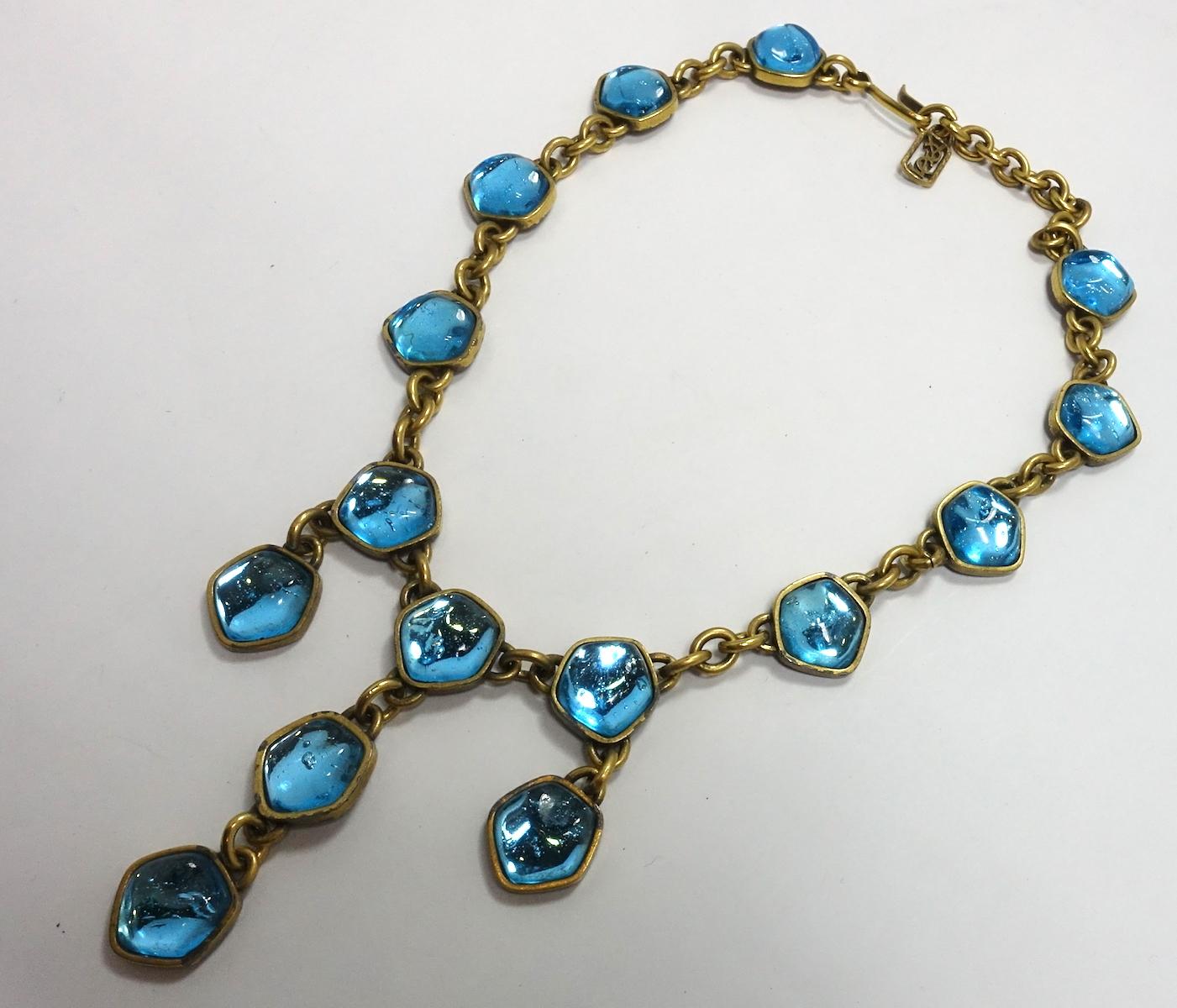 Women's Vintage Signed Yves St. Laurent YSL Aqua Blue Poured Glass Drops Necklace