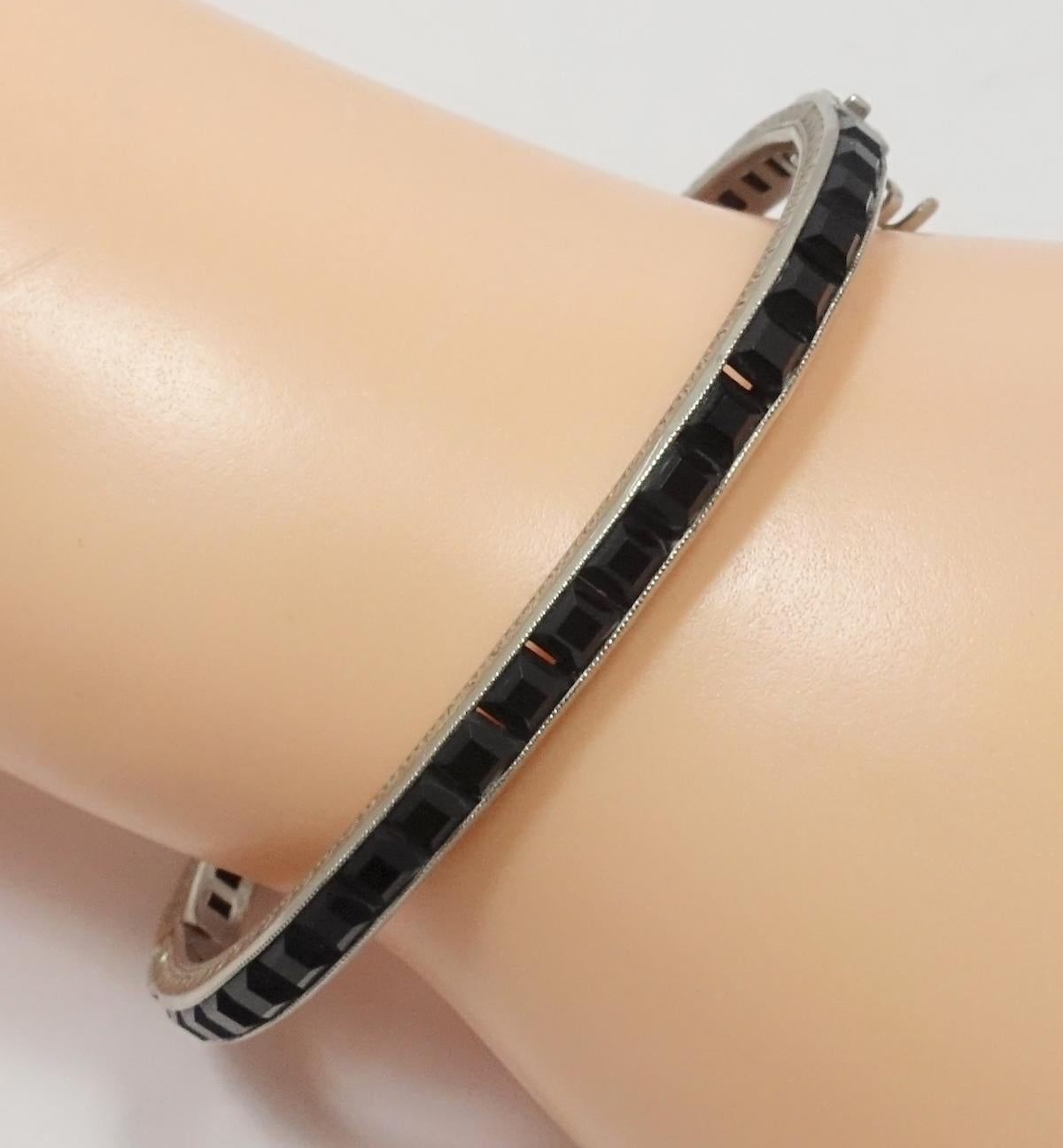 Vintage Art Deco Sterling Silver & Black Crystal Bracelet In Good Condition For Sale In New York, NY