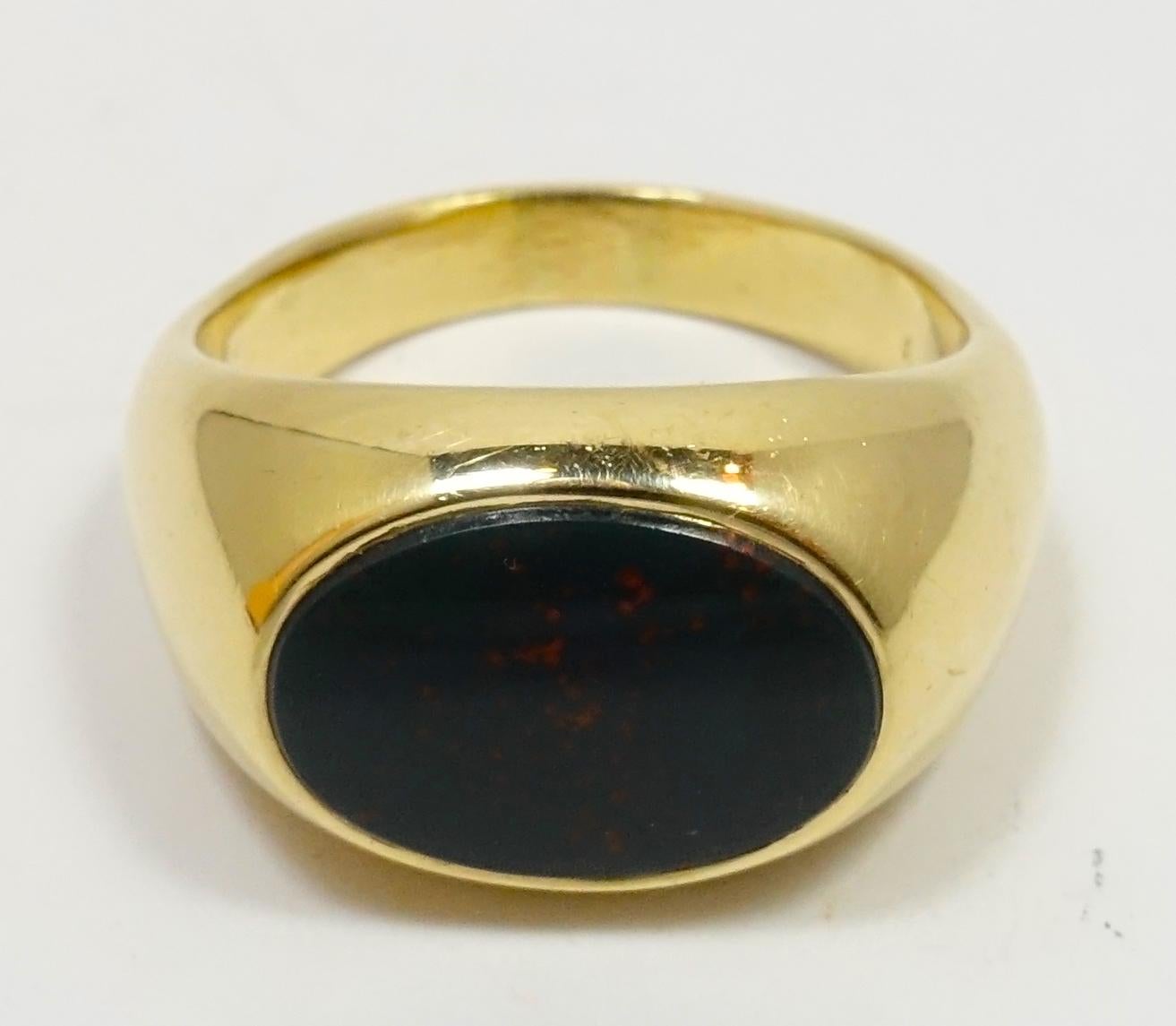 Women's or Men's Vintage Signed TIFFANY 14kt Gold & Blood Stone Ring, Size 9 For Sale