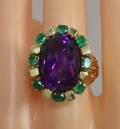 Vintage 14kt Gold, 12ct Amethyst, 1/2ct Oval Emeralds Ring, Size9