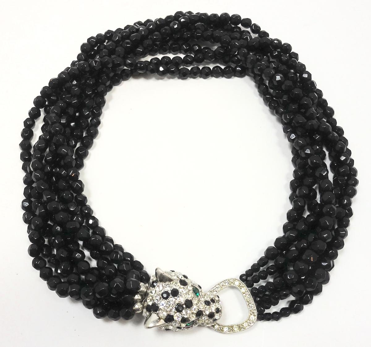 Vintage 1960s Kenneth Jay Lane “K.J.L.” Leopard Multi-8-Strand Black Necklace In Good Condition In New York, NY