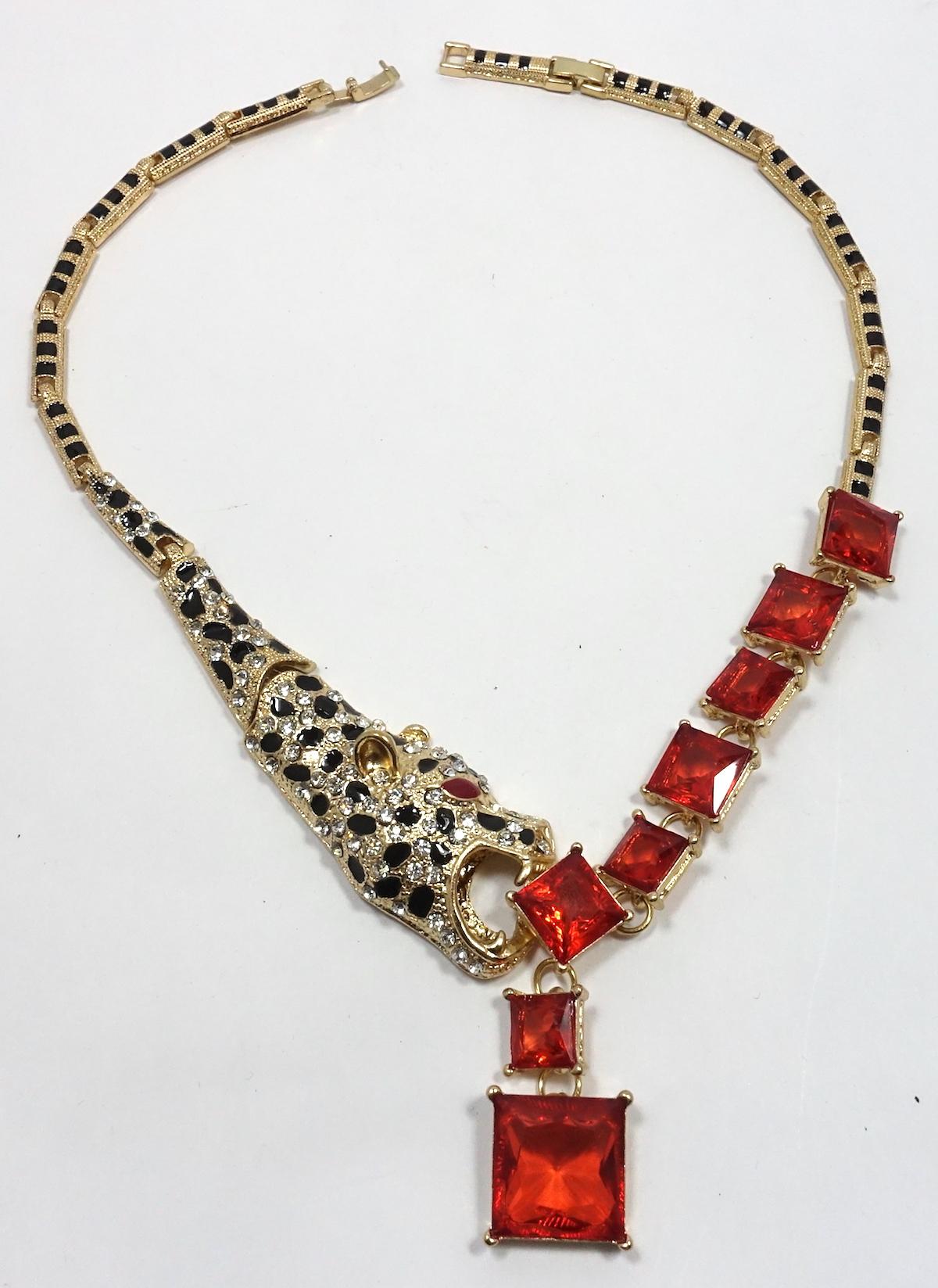 Original Leopard with Red & Clear Crystals Necklace In Good Condition In New York, NY