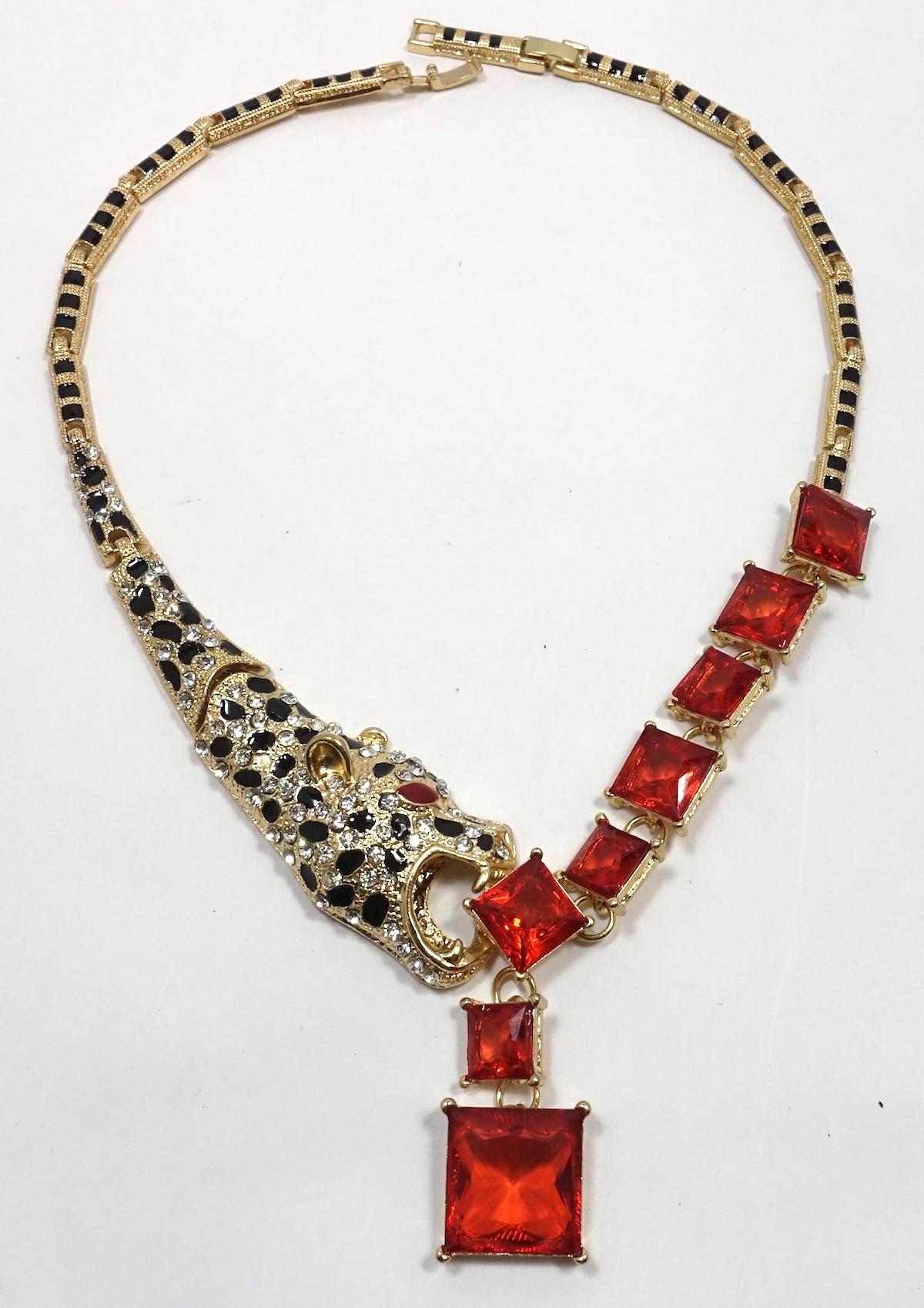 Women's Original Leopard with Red & Clear Crystals Necklace