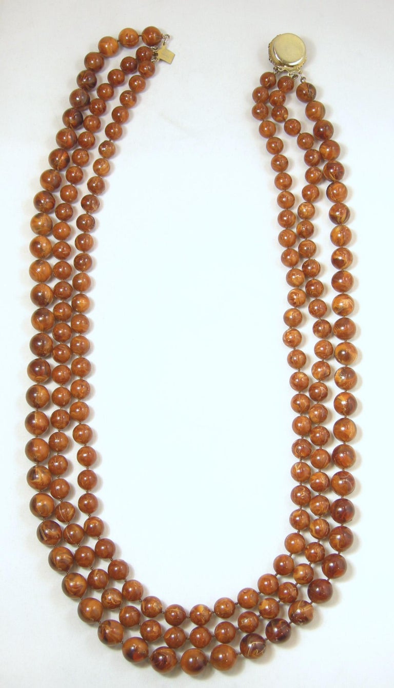 Vintage 3 Strand Brown Beaded 1960s Necklace For Sale at 1stDibs