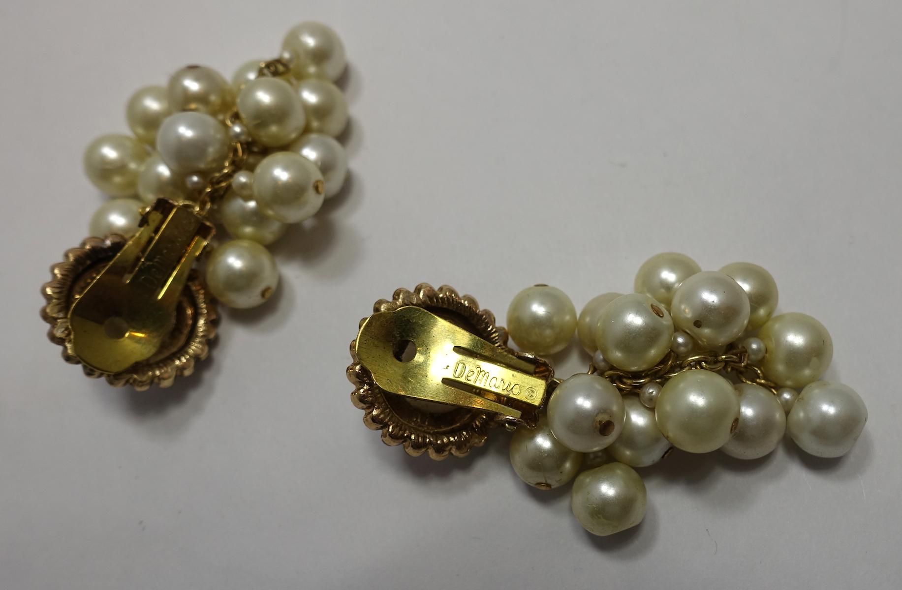 Women's Vintage Signed DeMario Faux Pearl Drop Earrings For Sale