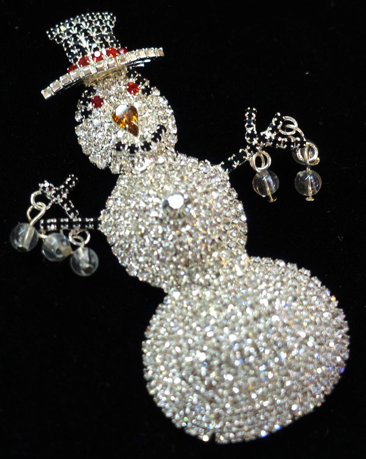 Large Red, Black & Clear Crystals Snowman Brooch In Excellent Condition In New York, NY