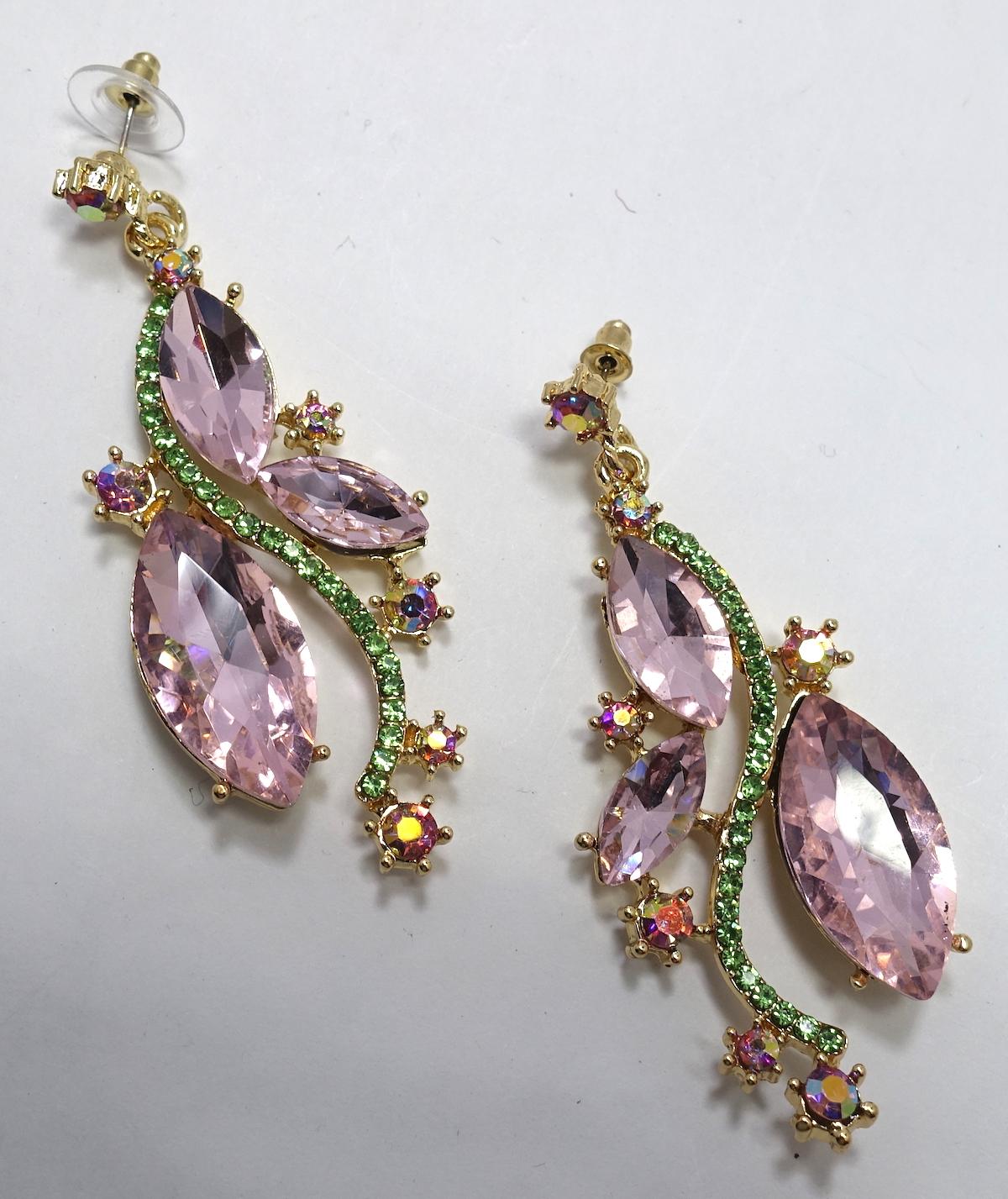 Peridot and Pink Crystals Drop Pierced Earrings In Excellent Condition In New York, NY