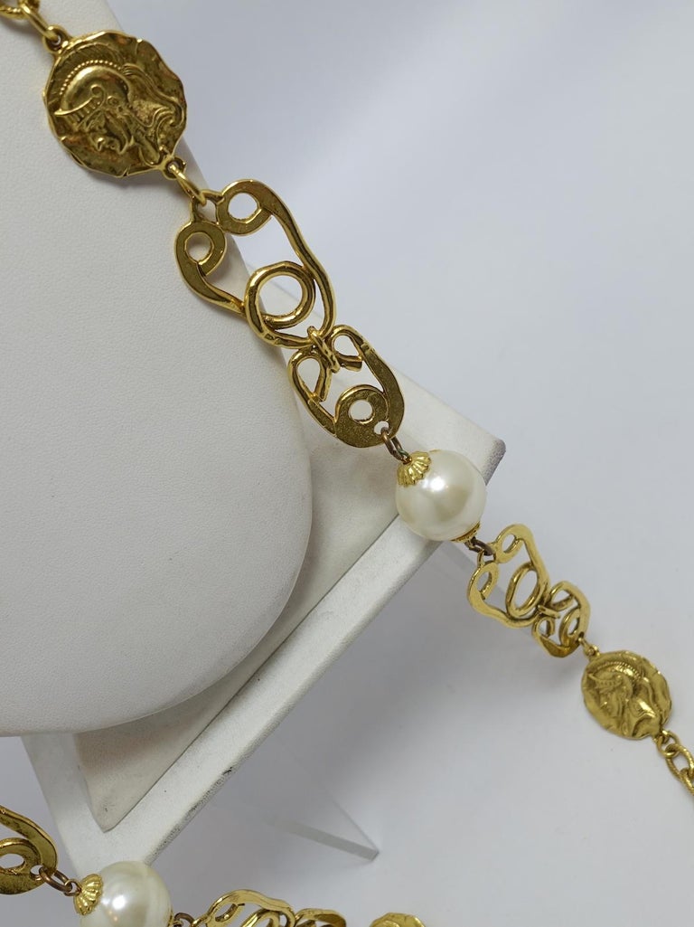 Long Faux Pearl and GoldTone Romanesque Design Necklace at 1stDibs