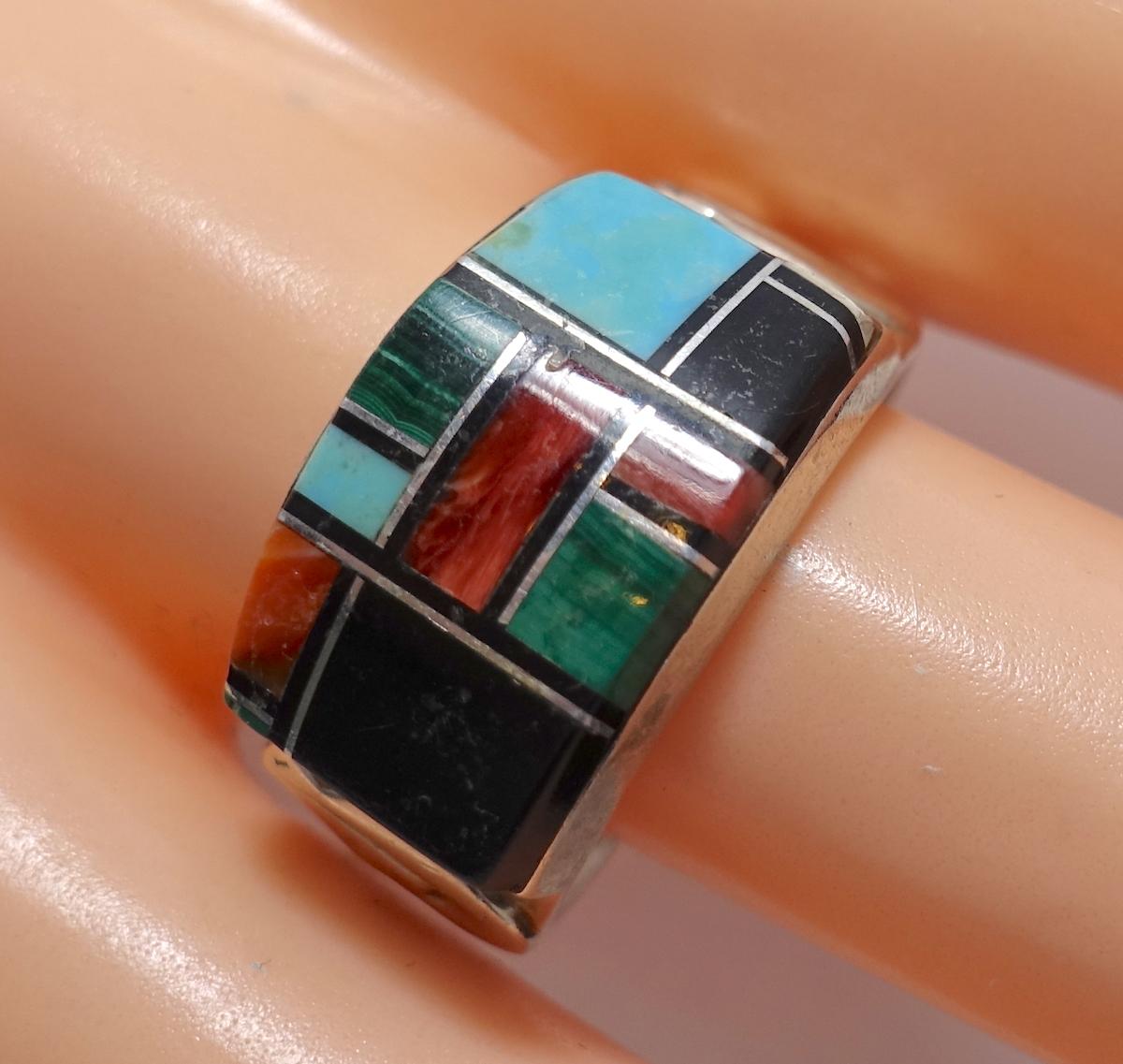 Vintage Signed OT Multi-Gemstone Sterling Silver Ring, Sz 8.5+ In Good Condition In New York, NY