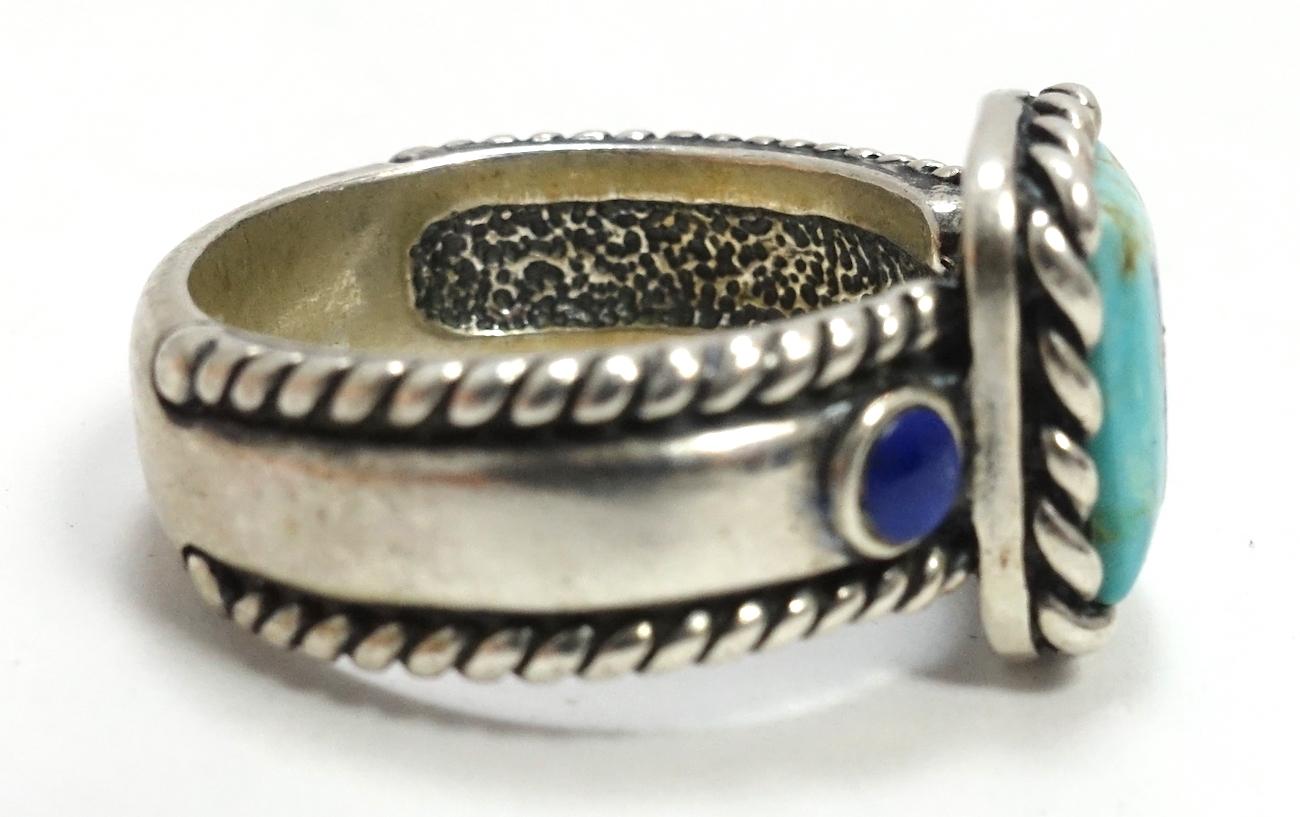 Vintage Signed CQS Turquoise, Lapis & Mother of Pearl Sterling Silver Ring, Sz 9 In Good Condition For Sale In New York, NY
