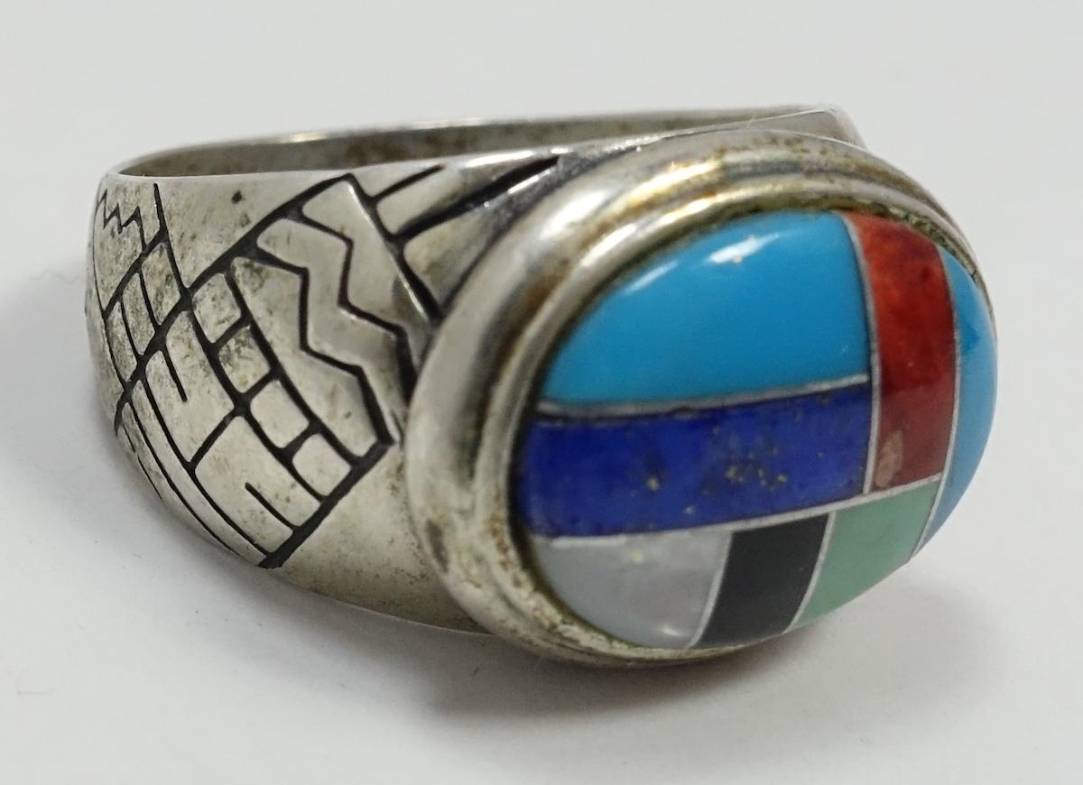 Women's or Men's Vintage Turquoise, Coral, Lapis, Onyx, Mother of Pearl Sterling Silver Ring, Sz 10