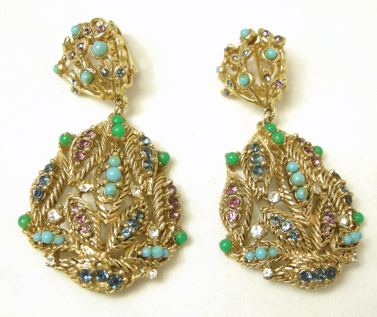 When I first saw these beautiful drop earrings, I thought they were made by Florenza, but there is no signature.  It has all the great qualities of Florenza.  The intricate workmanship combining faux stones like turquoise, amethyst, sapphires.  They