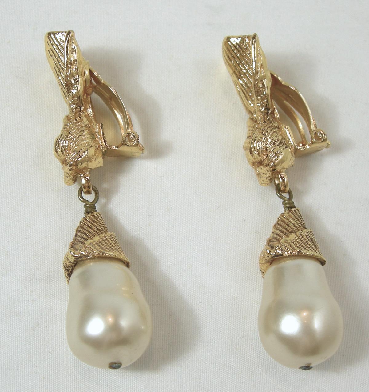 Vintage French Signed Paris Gold Tone Faux Pear Drop Earrings In Excellent Condition In New York, NY