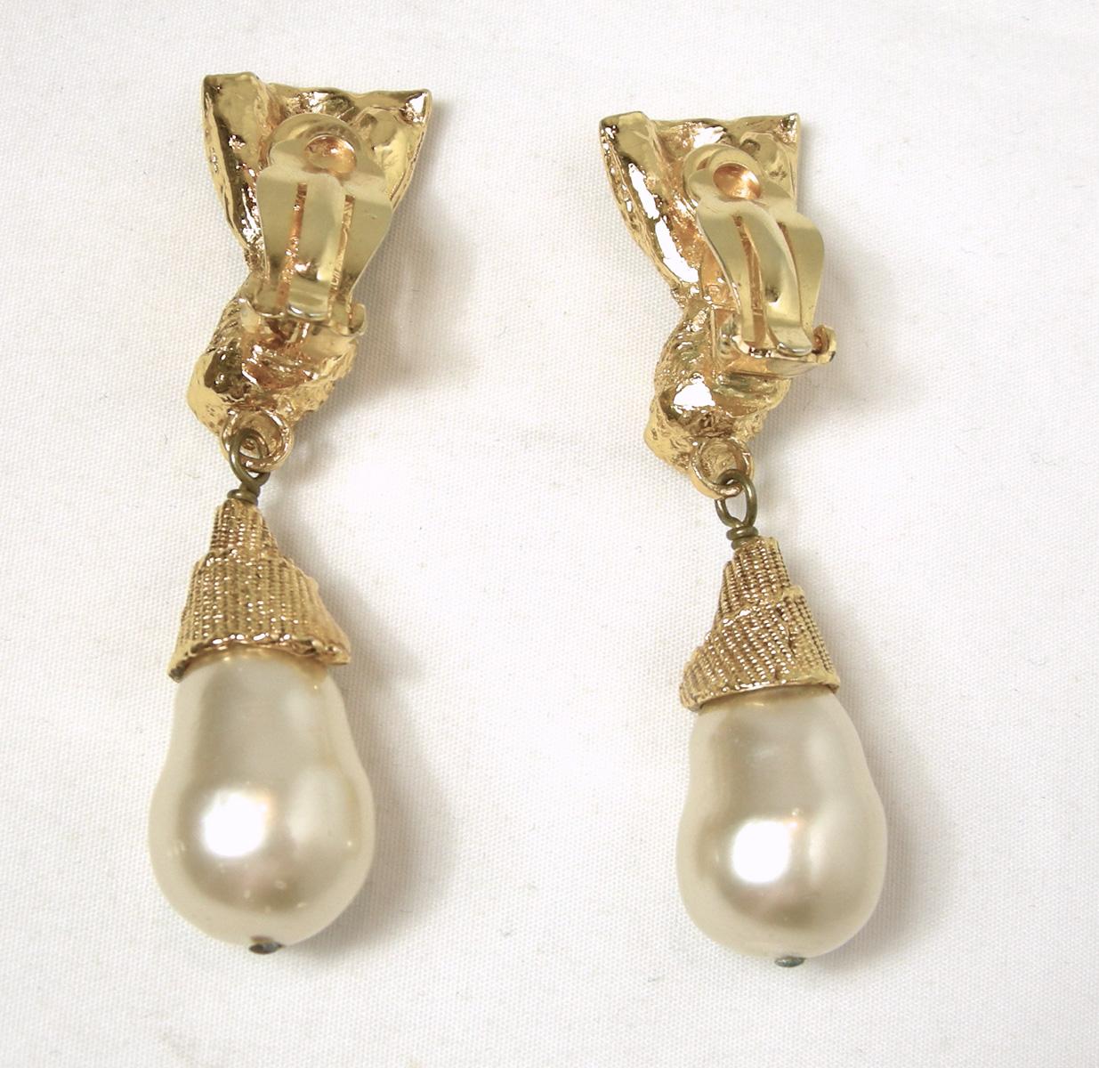 Women's Vintage French Signed Paris Gold Tone Faux Pear Drop Earrings