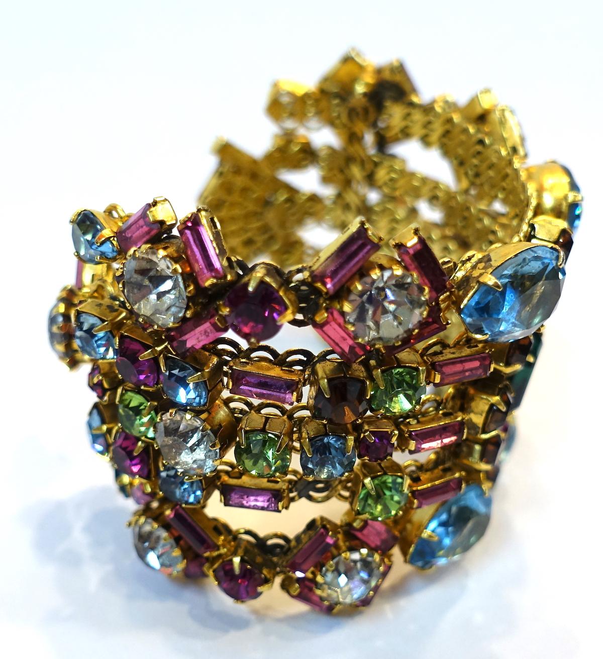 Vintage Hobe? Multi-Color Crystals Cuff Bracelet In Good Condition In New York, NY
