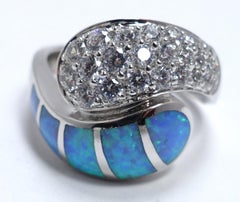Vintage Opal & Crystals Sterling Silver Ring, Size 10