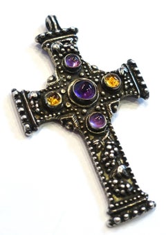 Vintage Signed R. Collins 1991 Amethyst & Amber Sterling Silver Cross Pendant