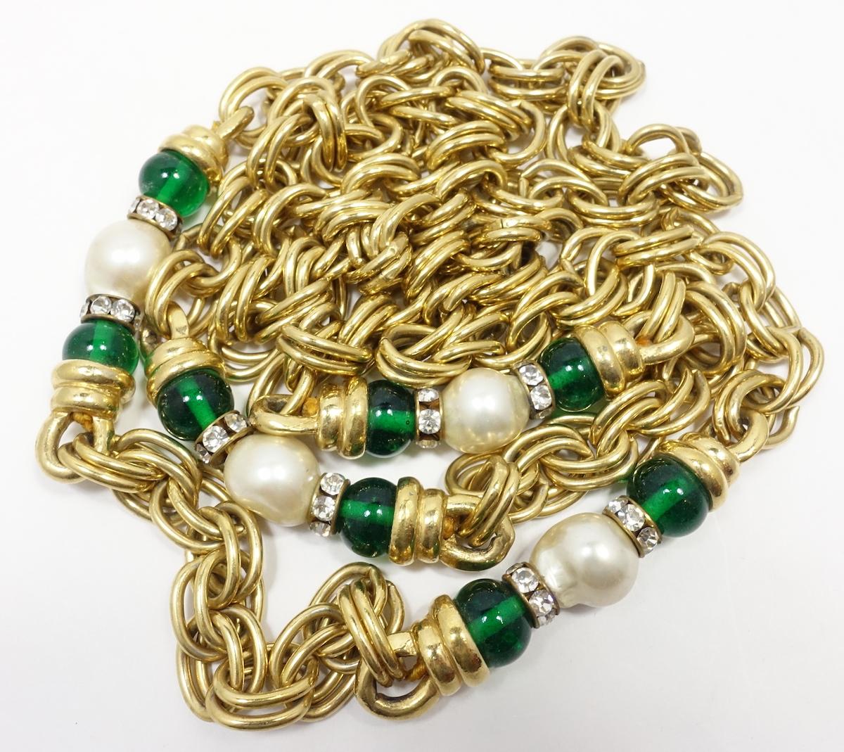 Women's Vintage Long Faux Pearl  & Green Bead Chain Link Rope Sautoir Necklace  