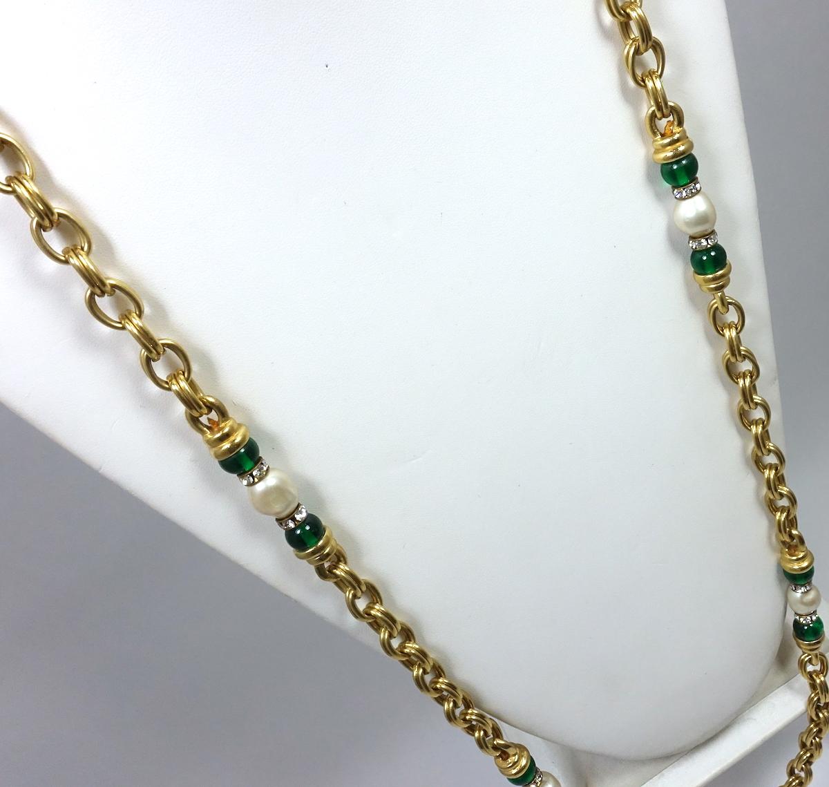 Vintage Long Faux Pearl  & Green Bead Chain Link Rope Sautoir Necklace   1