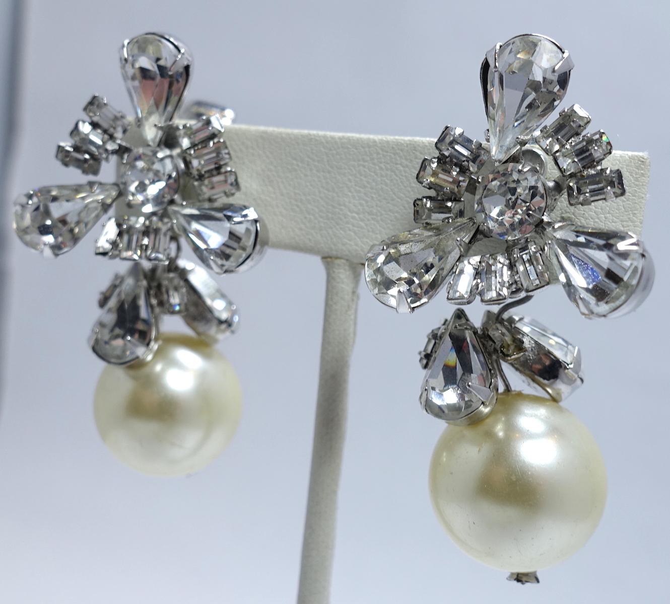 Women's or Men's Vintage 1960s Faux Pearl & Crystals Drop Earrings