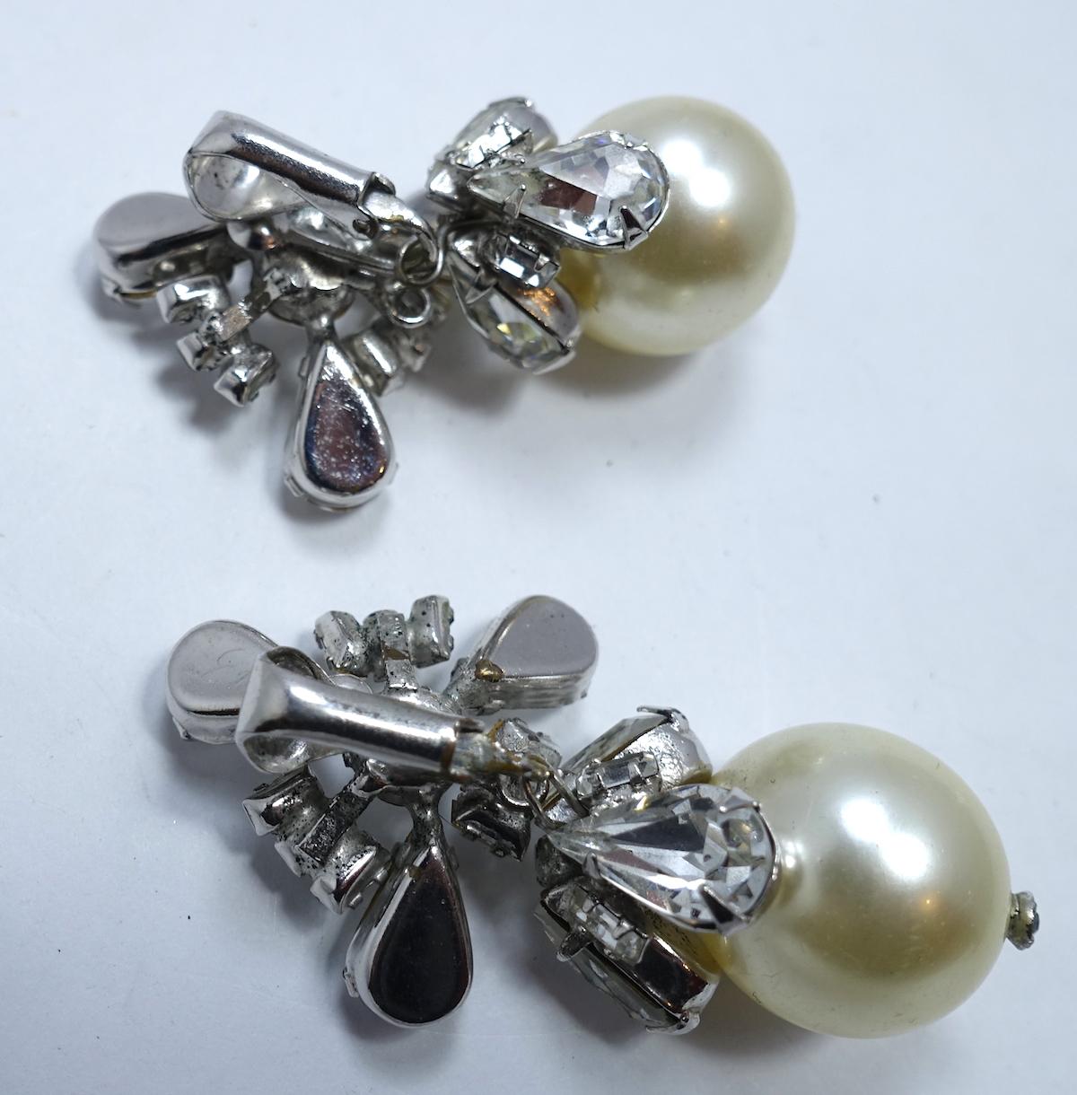 Vintage 1960s Faux Pearl & Crystals Drop Earrings 1