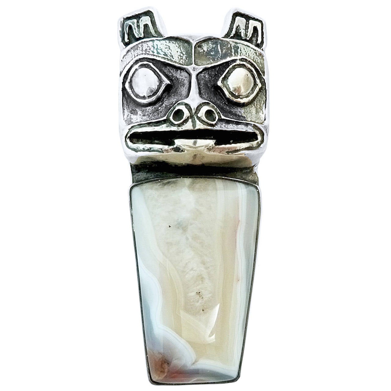 Signed Amy Kahn Russell Tribal Figural Stone Sterling Silver Pin/Pendant For Sale