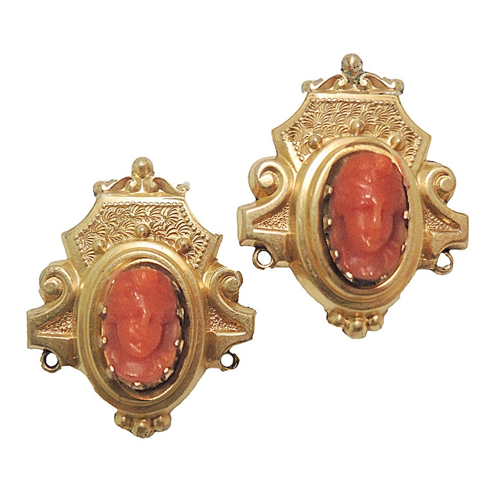 Victorian Coral 18kt Gold Cameo Earrings For Sale